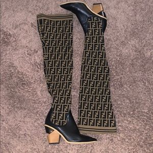 FENDI KNEE HIGH SOCK BOOTS TOBACCO